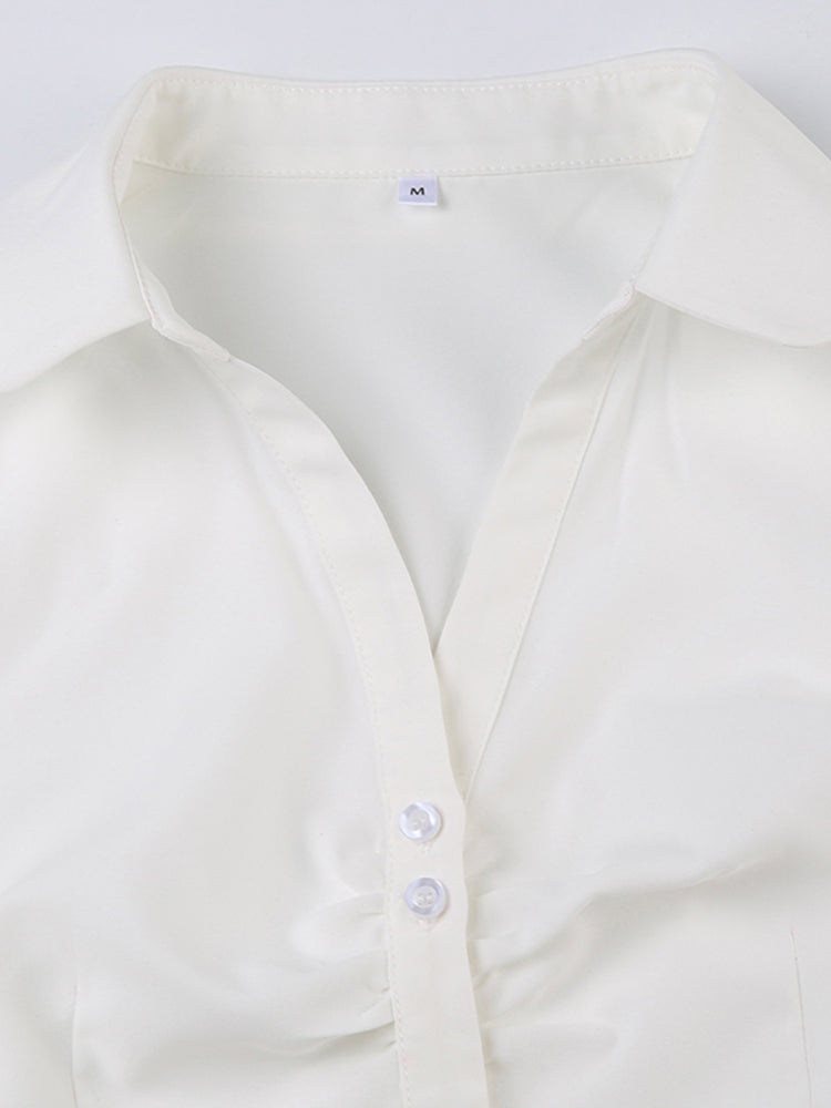 BXOXO - summer inspo Solid Shirring Button Up Turn Down Collar Short Sleeve White Shirts Women Simple Casual Summer Clothes