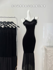 BXOXO - summer inspo French Style Elegant Velvet Suspender Dress For Women's Autumn New Black Temperament Fishtail Evening Dress