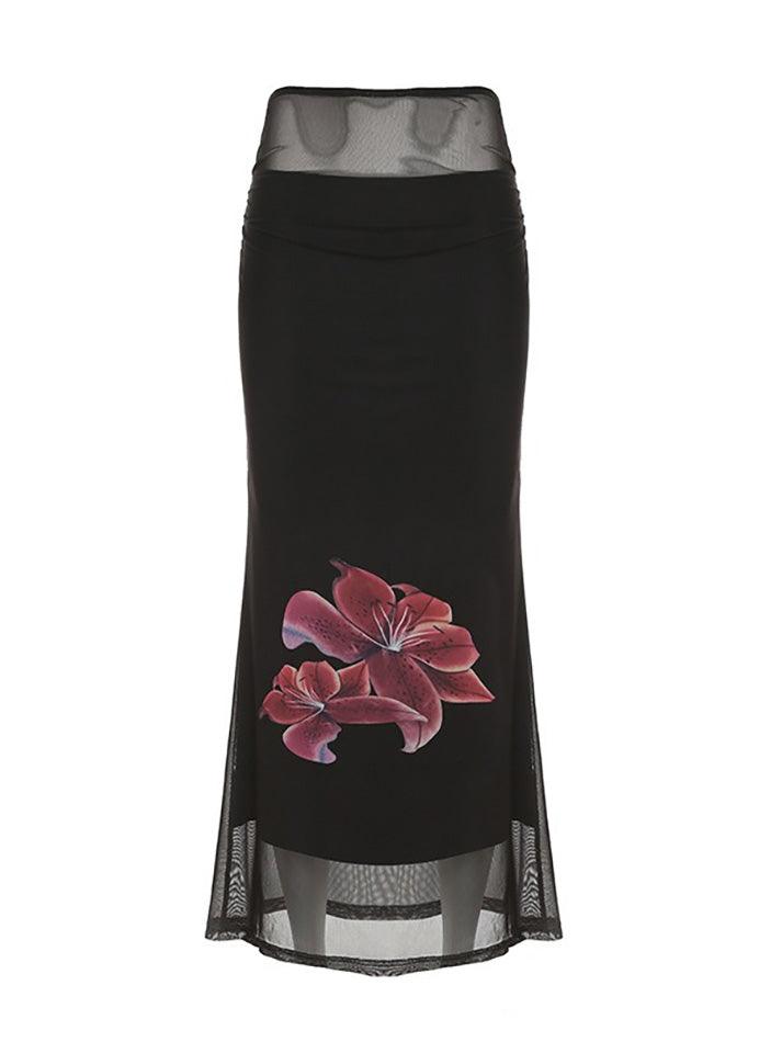 BXOXO - Vintage Floral Print Double-Layer Mesh Maxi Skirts