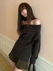 BXOXO Vintage Sexy Off Shoulder Sweater Women Solid Japanese Style Knitwear Y2k Long Sleeve Jumper Slash Neck Causal Harajuku