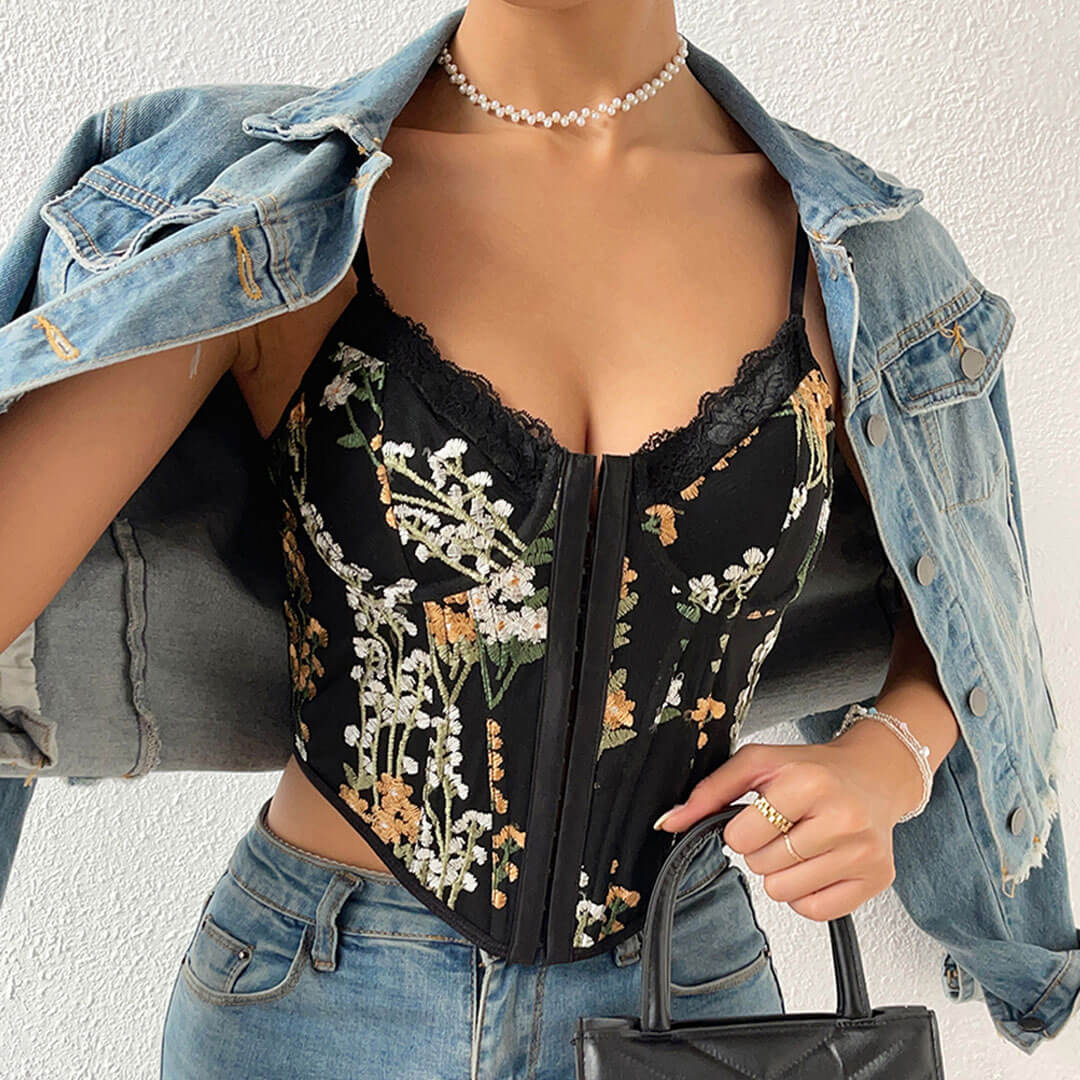 Floral Embroidered Hook And Eye Lace Trim Push Up Crop Corset Top