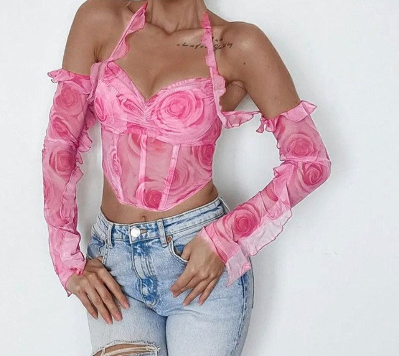 Floral Print Ruched Detail Cold Shoulder Halter Corset Crop Top - Pink