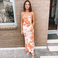 Fresh Floral Print Cowl Neck Maxi Dress - Burnt Orange