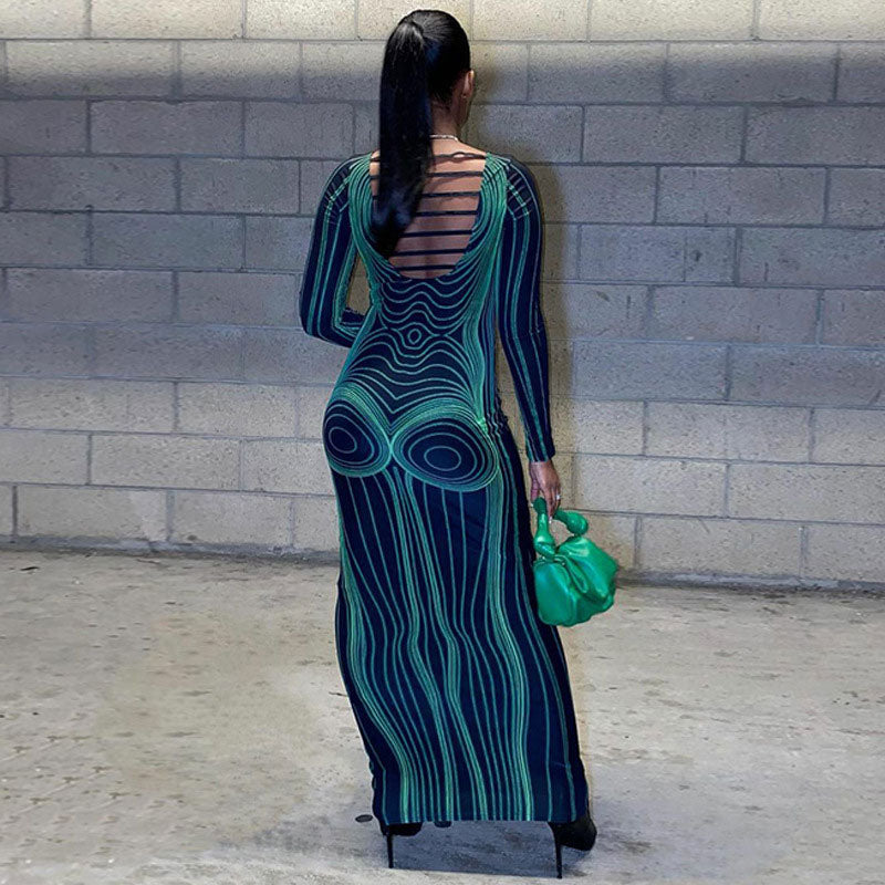 Body Print Cut Out Long Sleeve Party Maxi Dress - Green