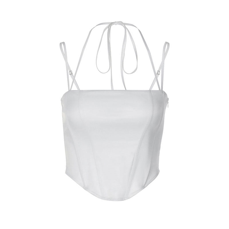 Curved Hem Spaghetti Strap Corset Halter Crop Top - White