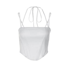 Curved Hem Spaghetti Strap Corset Halter Crop Top - White