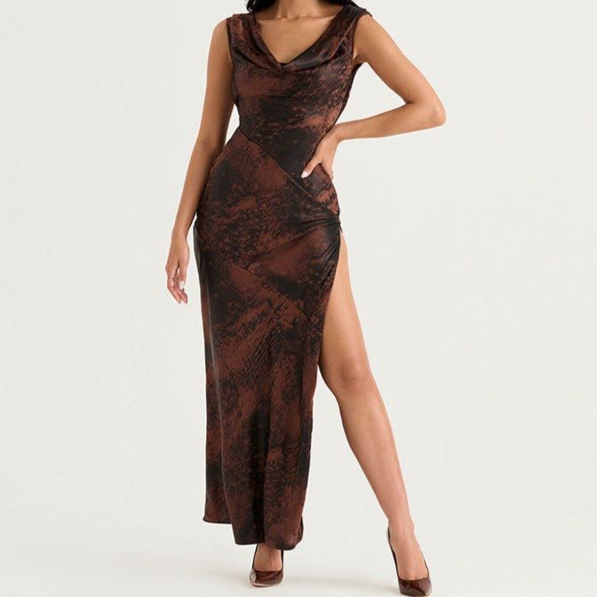 Abstract Print High Split Cowl Neck Sleeveless Maxi Dress - Brown