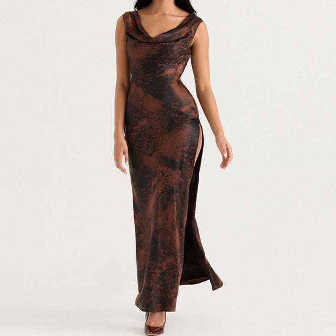 Abstract Print High Split Cowl Neck Sleeveless Maxi Dress - Brown