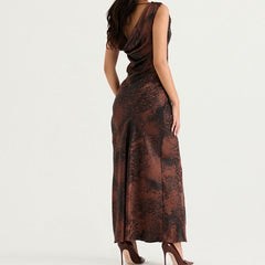 Abstract Print High Split Cowl Neck Sleeveless Maxi Dress - Brown
