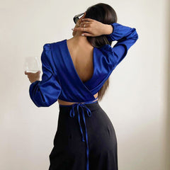 Long Sleeve Crew Neck Wrapped Crop Top - Royal Blue