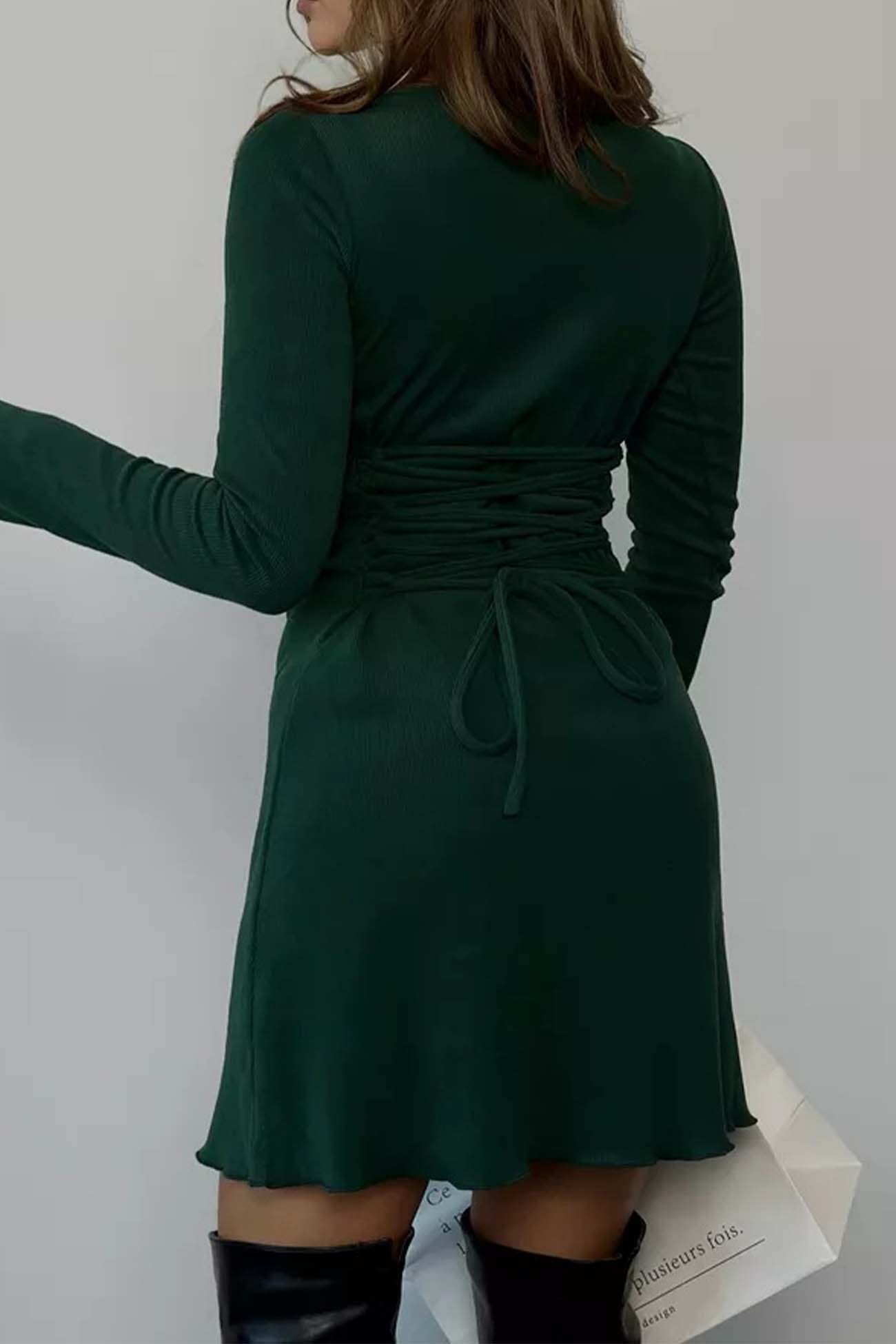 BXOXO - Solid Color Tie-Back Knitted Mini Dress