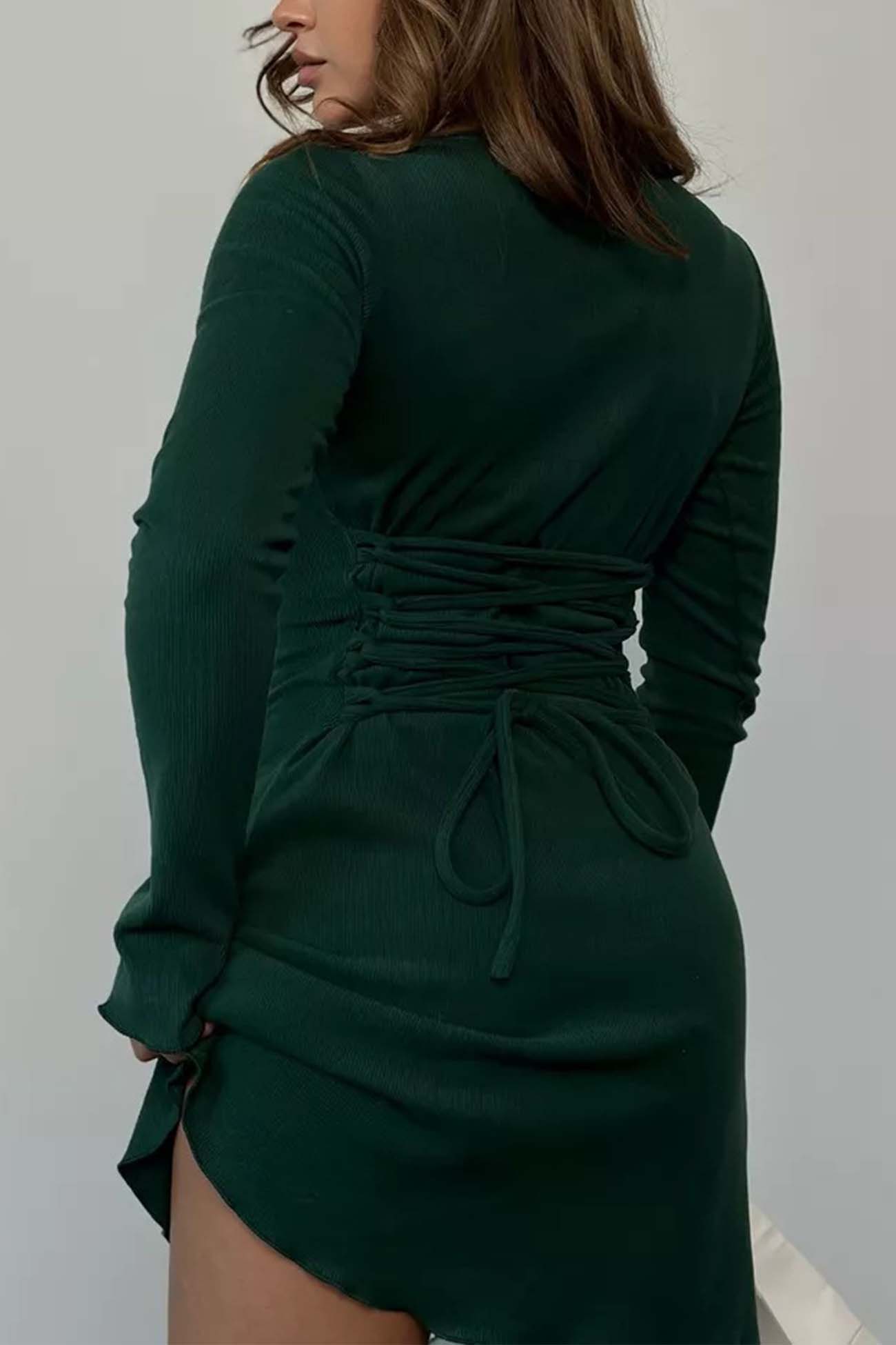 BXOXO - Solid Color Tie-Back Knitted Mini Dress