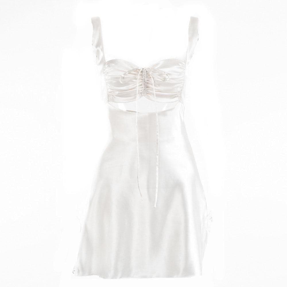 Sleeveless Hollow Out Solid Ruched Self Tie Backless Mini Dress