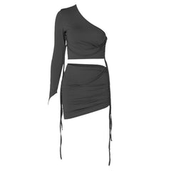 Long Sleeve Solid Drawstring Ruched One Shoulder Crop Top Skirt Set