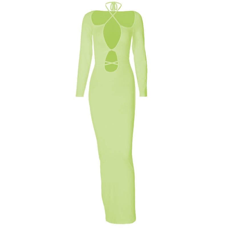 Hollow Out Self Tie Solid Long Sleeve Cross Front Cut Out Maxi Dress