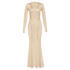 Crewneck Long Sleeve Mesh Patchwork Maxi Dress