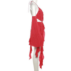 Textured Gloves Ruffle Solid Hollow Out Halter Backless Cut Out Mini Dress