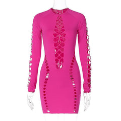 Hollow Out Long Sleeve Solid Crewneck Cut Out Mini Dress