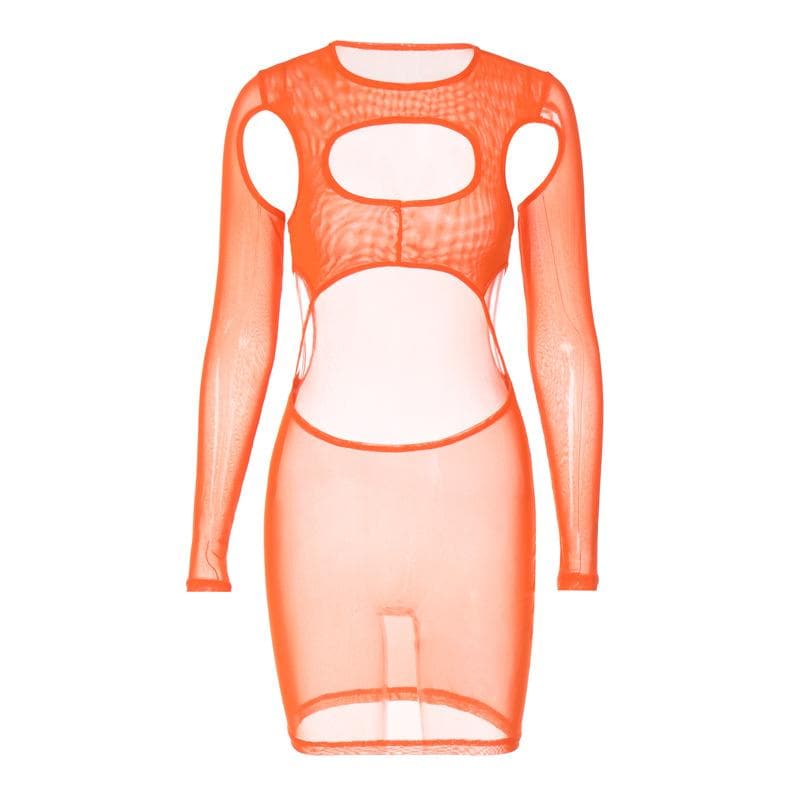 Long Sleeve Hollow Out Sheer Mesh See Through Cut Out Mini Dress