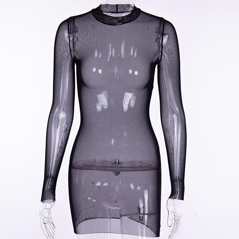 Sheer Mesh See Through Solid Long Sleeve Mini Bodycon Dress