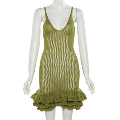 Crochet V Neck Sleeveless Hollow Out Ruffle Cut Out Mini Dress