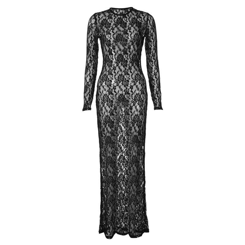 Lace See Through Long Sleeve Solid Crewneck Maxi Dress