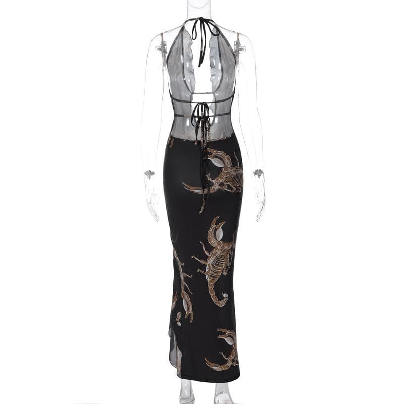 BXOXO Halter Self Tie Backless Slit Ruffle Scorpion Print Contrast Maxi Dress