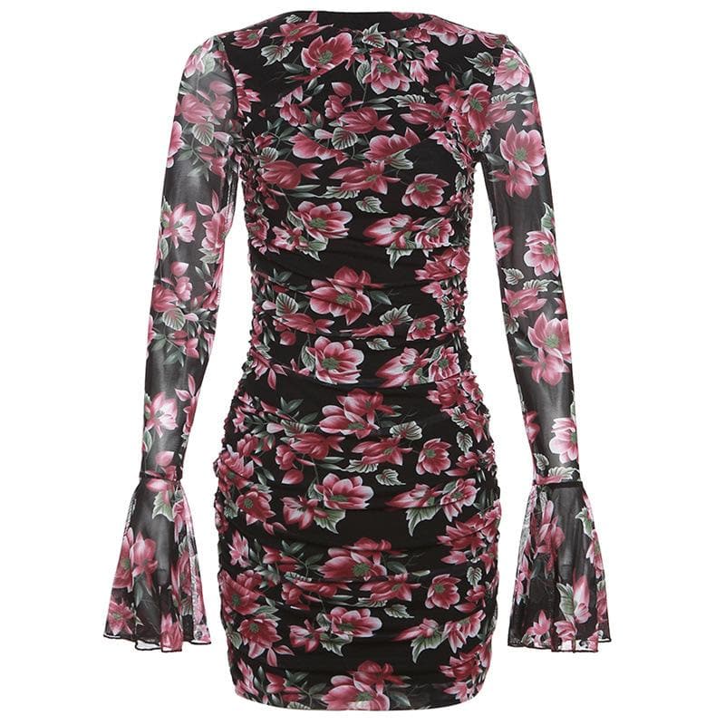 Flower Print Contrast Hollow Out Long Flared Sleeve Cut Out Mini Dress