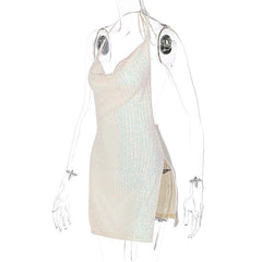 Glitter Cowl Neck Halter Slit Backless Mini Dress
