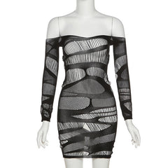 Off Shoulder Fishnet See Through Long Sleeve Backless Mini Dress