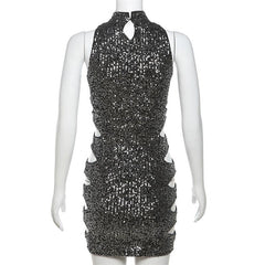 Glitter Hollow Out High Neck Button Sleeveless Cut Out Mini Dress