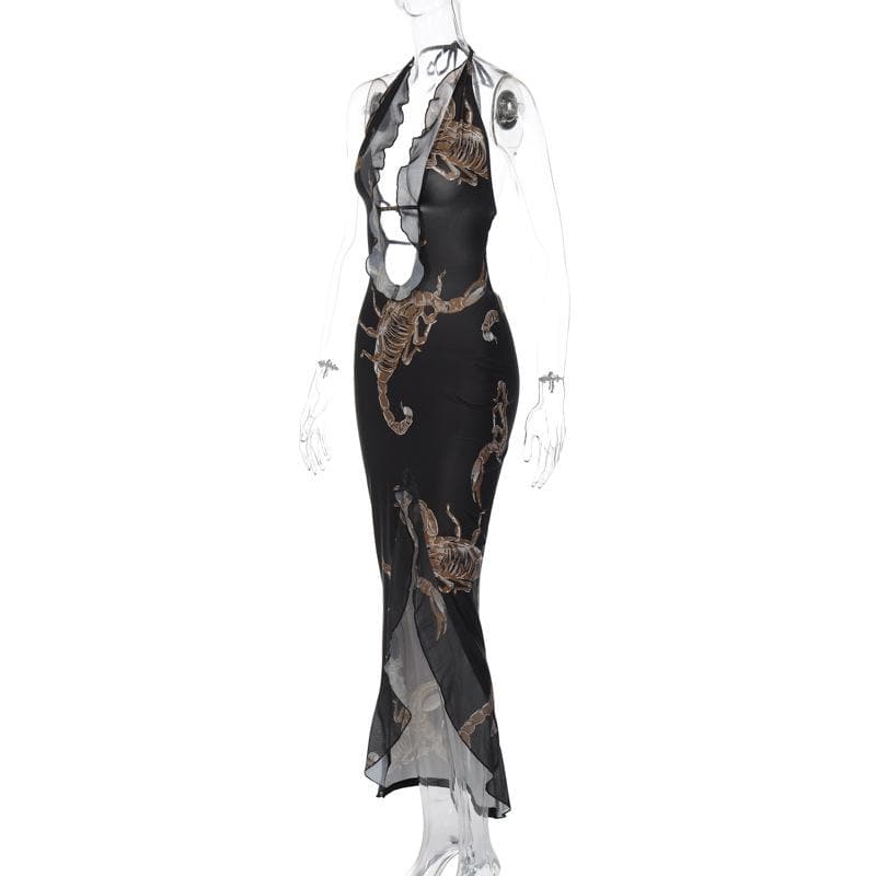 BXOXO Halter Self Tie Backless Slit Ruffle Scorpion Print Contrast Maxi Dress