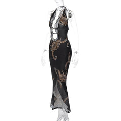 BXOXO Halter Self Tie Backless Slit Ruffle Scorpion Print Contrast Maxi Dress