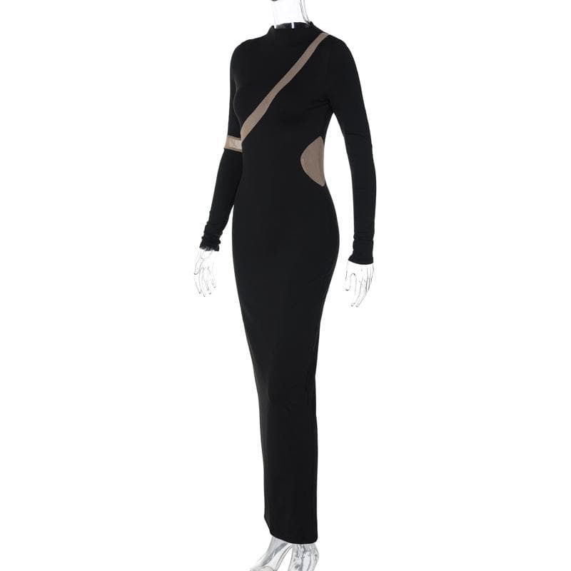 Contrast Irregular Mesh Patchwork Long Sleeve Slit Maxi Dress