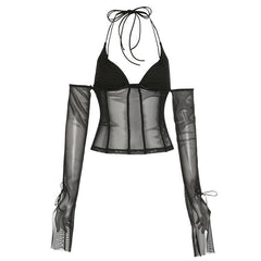 Tie Back Mesh See-through off Shoulder Halter Top