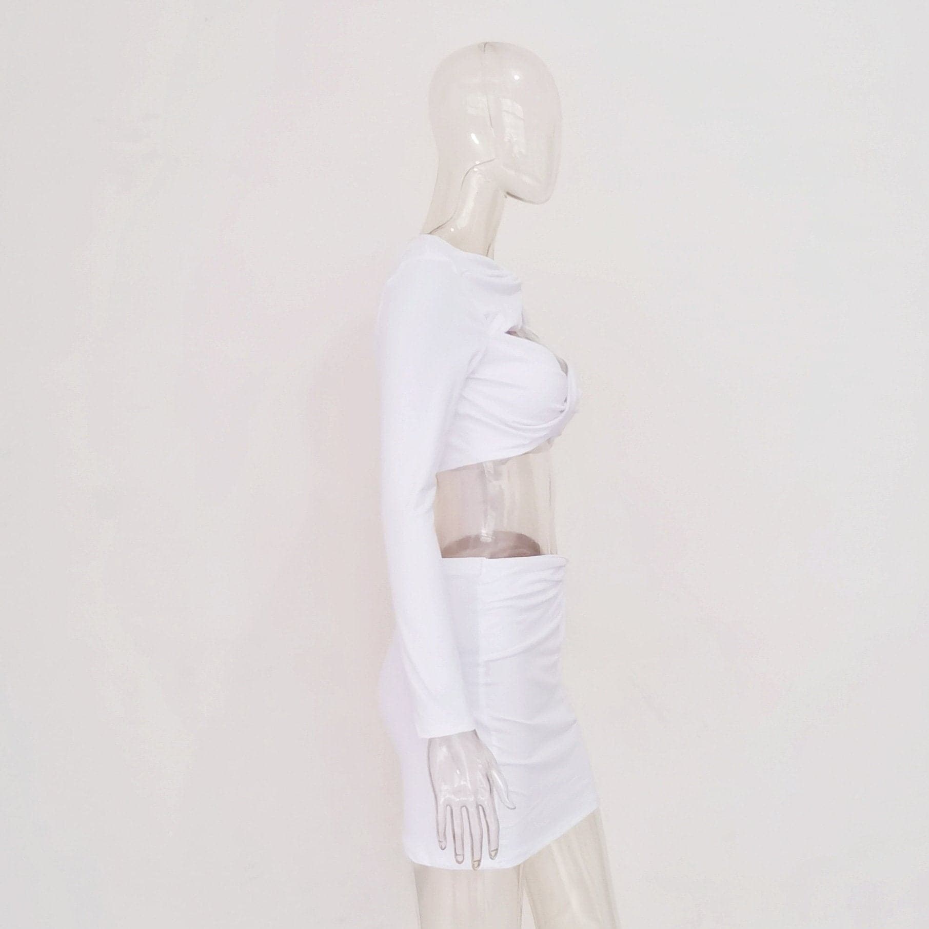Asymmetrical Knotted Hollow Out Solid Long Sleeve Skirt Set