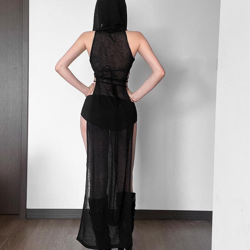 BXOXO Sleeveless Hoodie Low Cut Slit Self Tie Turtle Neck See Through Maxi Dress