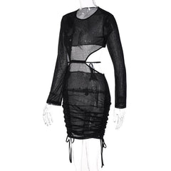 See Through Long Sleeve Ruched Open Back Drawstring Dress