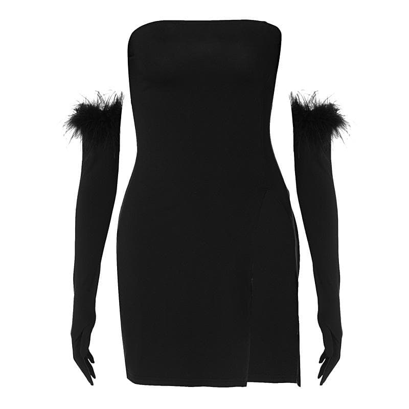 Feather Solid Slit Backless Gloves Tube Mini Dress