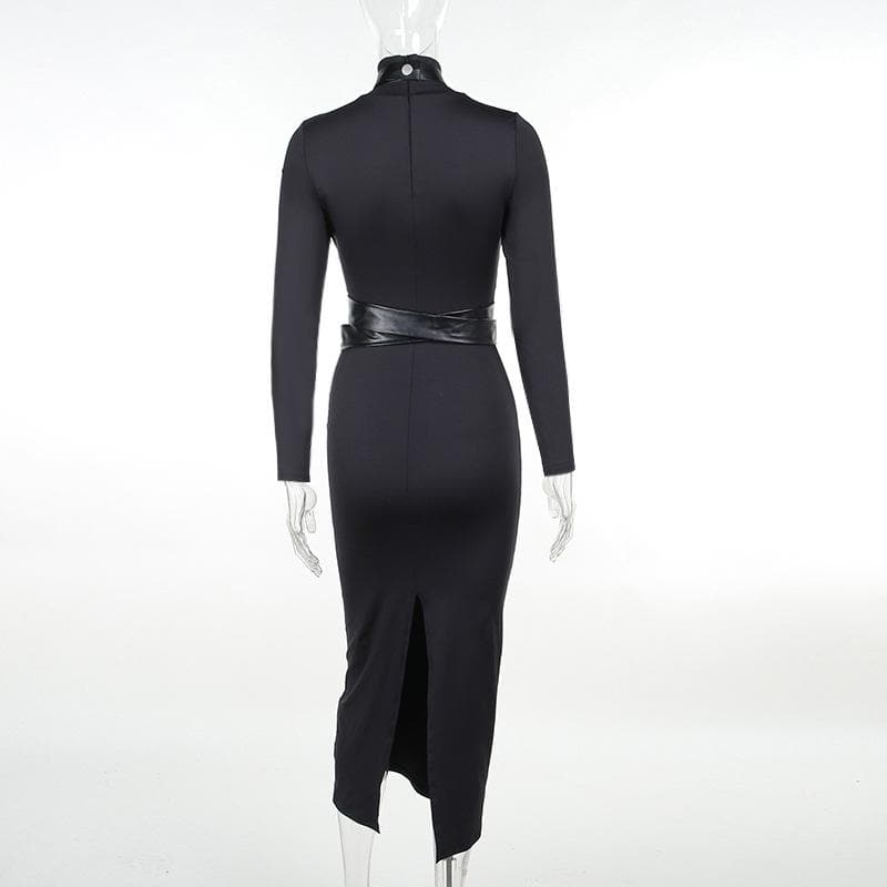 Cross Front Solid Long Sleeve Pu Leather High Neck Slit Midi Dress