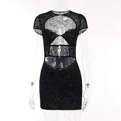 Button Short Sleeve Hollow Out Textured Cut Out Mini Dress