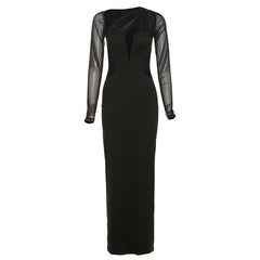 Long Sleeve Mesh Irregular Patchwork Slit Maxi Dress