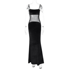 Self Tie Mesh Patchwork Backless Velvet Solid Cami Maxi Dress