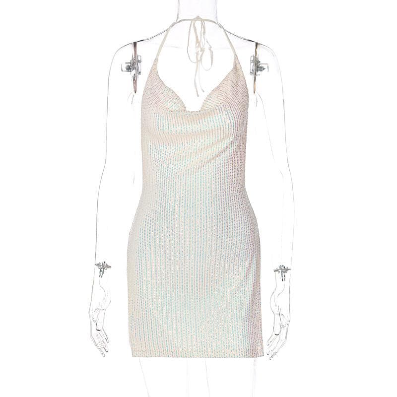 Glitter Cowl Neck Halter Slit Backless Mini Dress