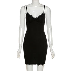 Lace Hem Solid V Neck Backless Cami Mini Dress