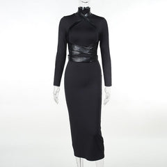 Cross Front Solid Long Sleeve Pu Leather High Neck Slit Midi Dress