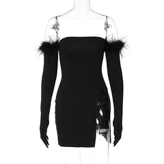 Feather Solid Slit Backless Gloves Tube Mini Dress