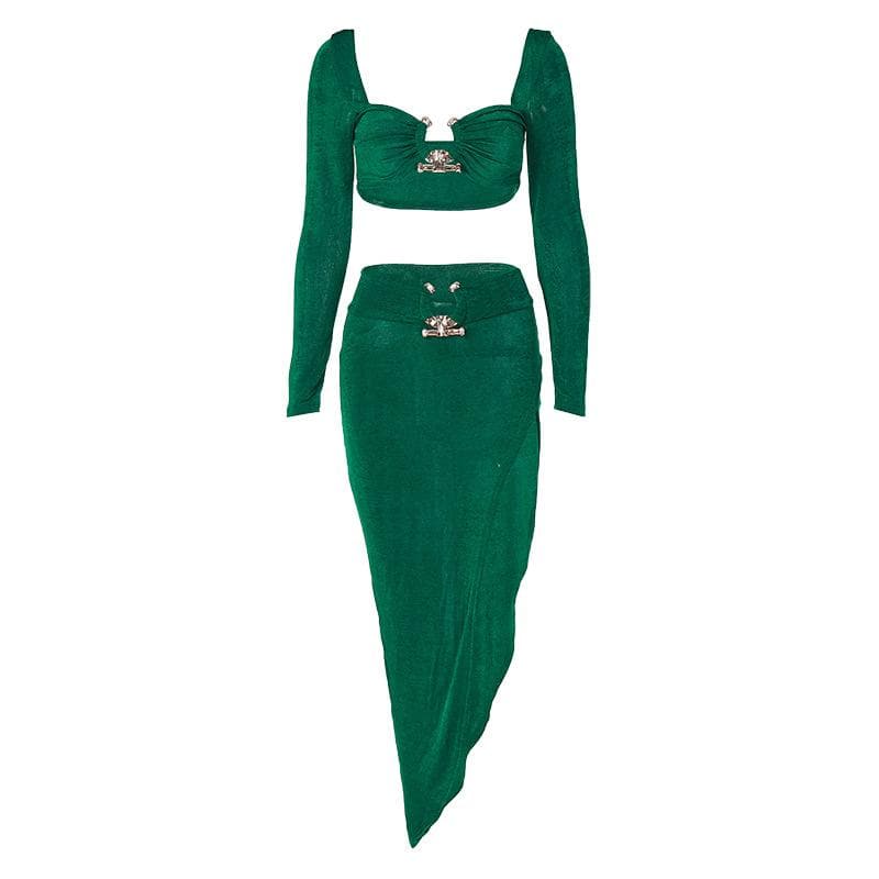 Metal Applique Irregular Solid Low Cut Long Sleeve Slit Midi Skirt Set