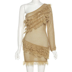 Knitted Raw Hem Solid Long Sleeve One Shoulder Crochet Irregular Mini Dress