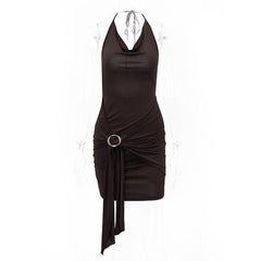 Cowl Neck Solid Halter Backless Ruched Buckle Mini Dress